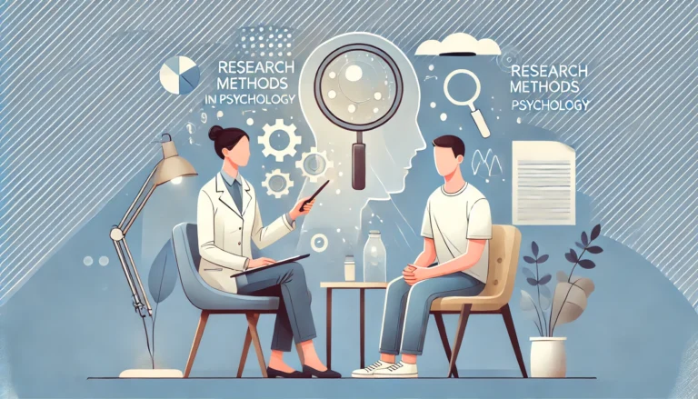 Illustration of a psychologist and a patient in a therapy session, representing various research methods in psychology. The image includes icons and elements related to experimental, correlational, descriptive, and biological methods with the title 'Research Methods in Psychology' prominently displayed.