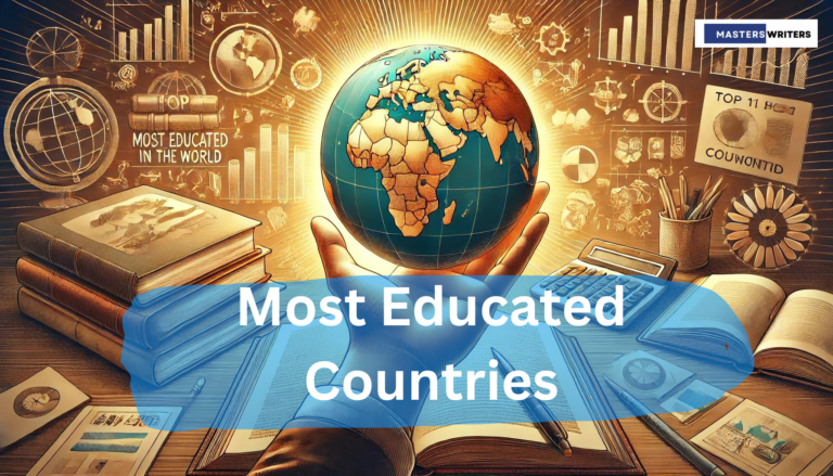 "Hand holding a globe with educational materials in the background, symbolizing the Top 11 Most Educated Countries in The World.