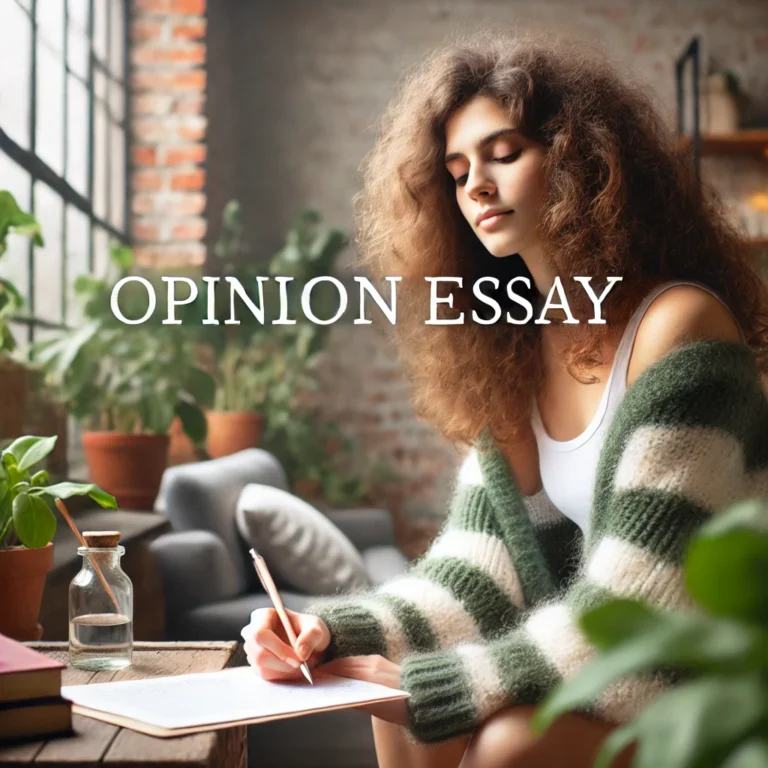Image of a woman with curly hair writing in a cozy indoor setting with natural light, surrounded by green plants and a brick wall background. The text 'Opinion Essay' is prominently displayed, highlighting the focus of the article.