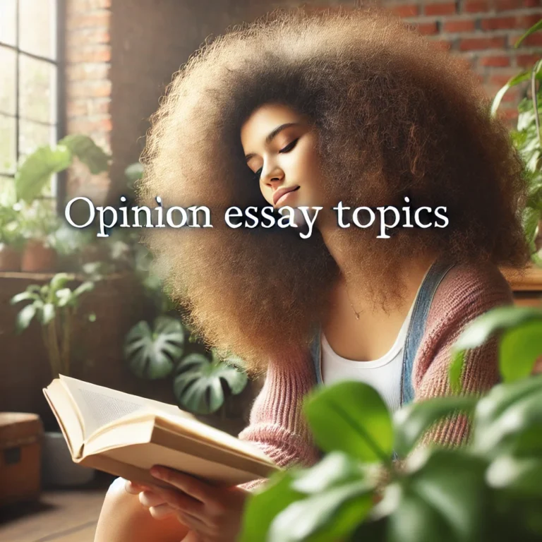 Image of a woman with curly hair reading a book in a cozy indoor setting with natural light, surrounded by green plants and a brick wall background. The text 'Opinion Essay Topics' is prominently displayed, highlighting the focus of the article