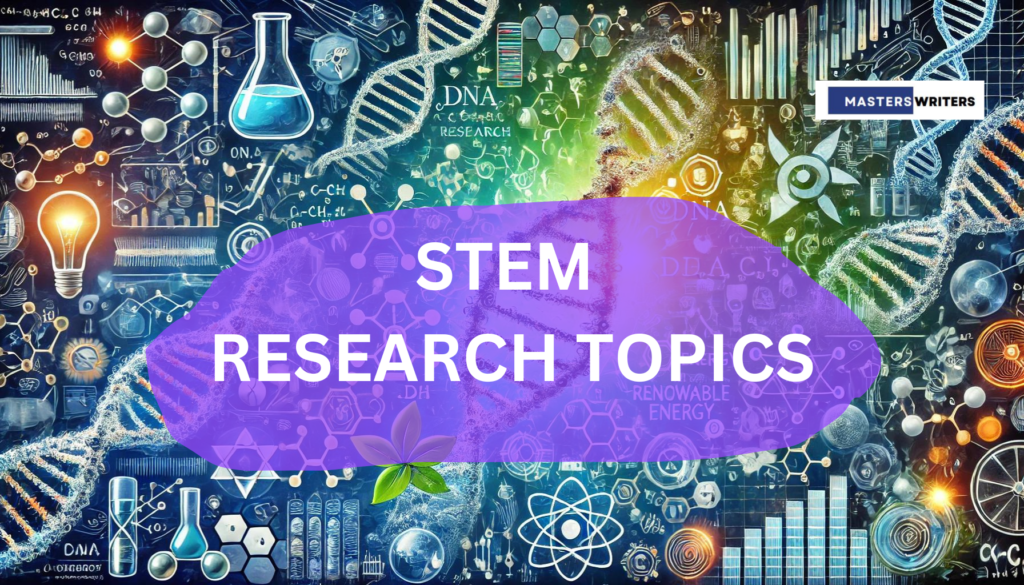 A vibrant and dynamic representation of various STEM research topics, featuring elements such as a DNA strand, mathematical equations, chemical structures, robotic arms, renewable energy symbols, and circuit boards against a blue and green background symbolizing innovation and technology.