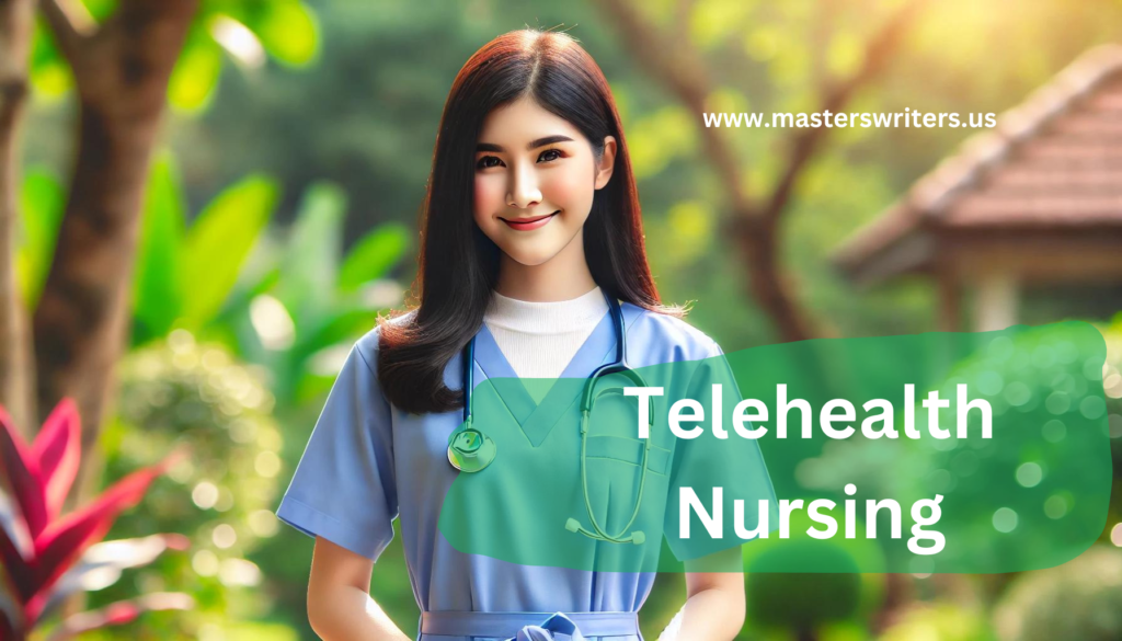 A telehealth nurse wearing a blue uniform with a stethoscope around her neck, standing in a lush, green outdoor setting, representing telehealth nursing.