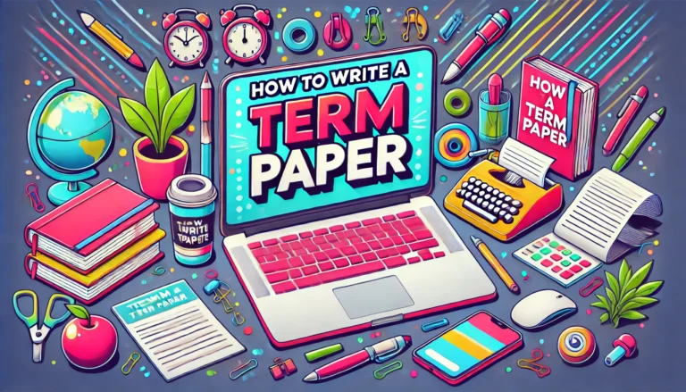 Colorful and engaging header image depicting a student's workspace for the blog article 'How to Write a Term Paper', featuring a modern laptop, bright stationery, a smartphone, and an open notebook on a vibrant desk.