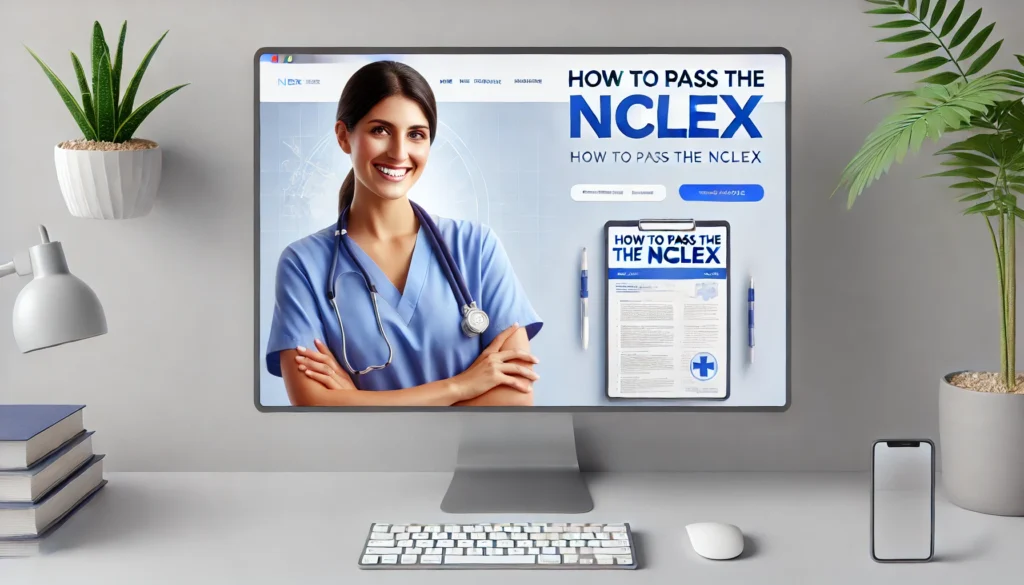 Smiling nurse in scrubs holding a clipboard with the text 'How to Pass the NCLEX' displayed in a professional and light background.