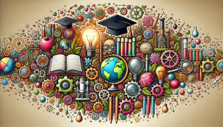 Illustration depicting the concept of education and knowledge with various educational symbols such as books, light bulbs, gears, globes, science equipment, and graduation caps, representing dissertation topics ideas graphically.