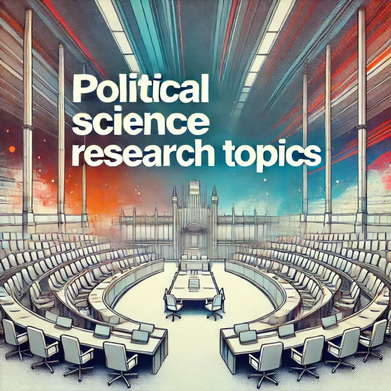 Header image the article 'Political Science Research Topics' featuring an empty modern legislative assembly hall with rows of seats and desks, with the title prominently displayed in bold text centered in the middle over a dynamic, abstract background with splashes of color.