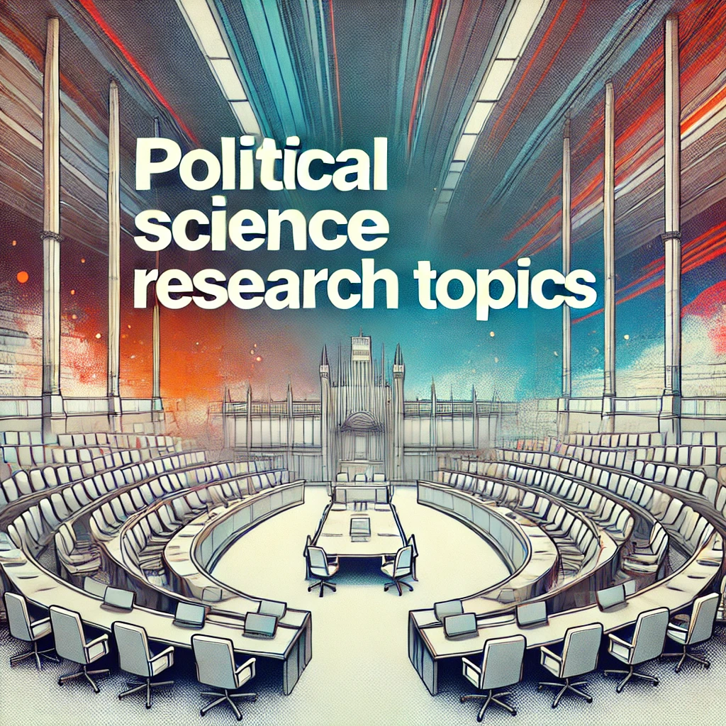 Header image the article 'Political Science Research Topics' featuring an empty modern legislative assembly hall with rows of seats and desks, with the title prominently displayed in bold text centered in the middle over a dynamic, abstract background with splashes of color.