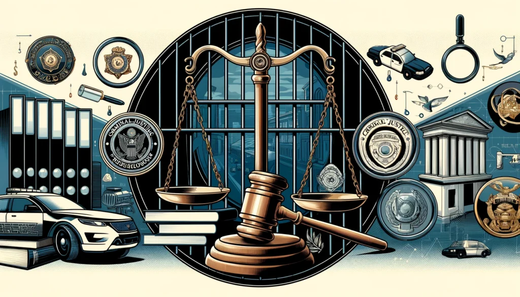 Header image for a blog about Criminal Justice Research Topics, featuring scales of justice, a police badge, a gavel, and books against a background of legal and law enforcement symbols.