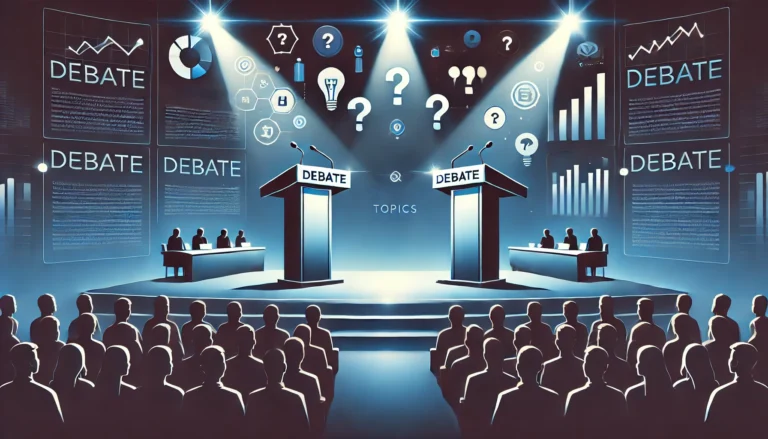 Modern debate stage with two podiums under spotlights, featuring microphones and an audience in silhouette, symbolizing the anticipation and intensity of discussing debate topics