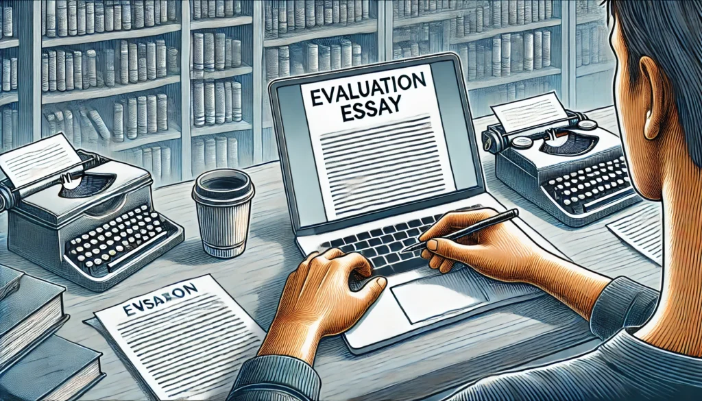 An image header on writing an evaluation essay. It features a person sitting at a desk with a laptop, surrounded by papers, books, and a cup of coffee, with a well-organized bookshelf in the background. This wide and engaging image should enhance the visual appeal of your article.