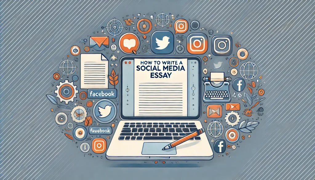 Header image for the blog article 'How to Write a Social Media Essay,' featuring a laptop, notebook, and social media icons like Facebook, Twitter, and Instagram, symbolizing the integration of writing and social media.