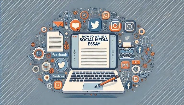 Header image for the blog article 'How to Write a Social Media Essay,' featuring a laptop, notebook, and social media icons like Facebook, Twitter, and Instagram, symbolizing the integration of writing and social media.