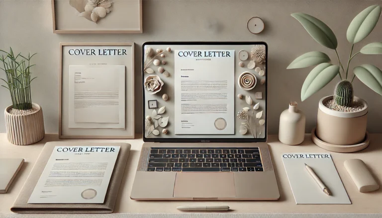 A clean and modern workspace featuring a laptop, a cover letter template, and a notepad with a pen, creating a professional atmosphere. Ideal for illustrating the process of how to write a cover letter with no experience.