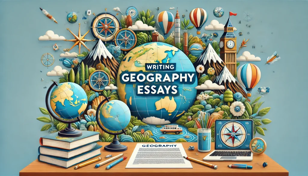 Vibrant image header depicting elements of geography such as maps, globes, compasses, and natural landscapes, symbolizing the Earth's features and connections, suitable for a blog article on how to write a geography essay