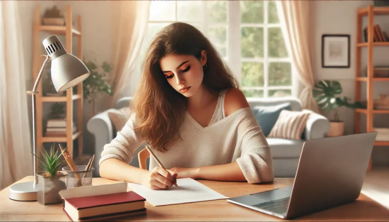 Young woman focused on writing at a desk in a cozy home office, illustrating the concept of how to write an essay outline.