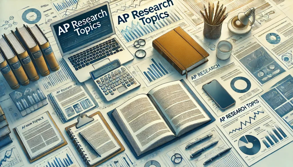 An academic header image featuring a desk with research materials such as open books, notebooks, research papers, and a laptop. The title 'AP Research Topics' is prominently displayed, with additional elements like charts, pens, and a calculator creating a scholarly atmosphere. Perfect for articles related to AP Research topics.