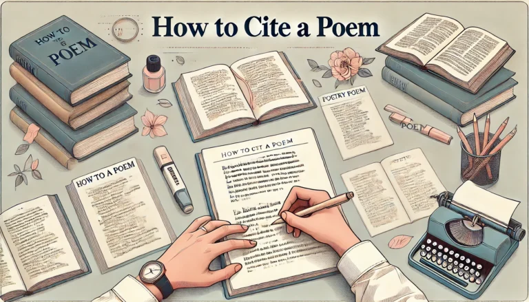 An educational header image titled 'How to Cite a Poem,' featuring a desk scene with open poetry books, a person writing in a notebook, and various academic tools such as a pen and typewriter. The image captures the essence of writing and citing poetry in a scholarly context.