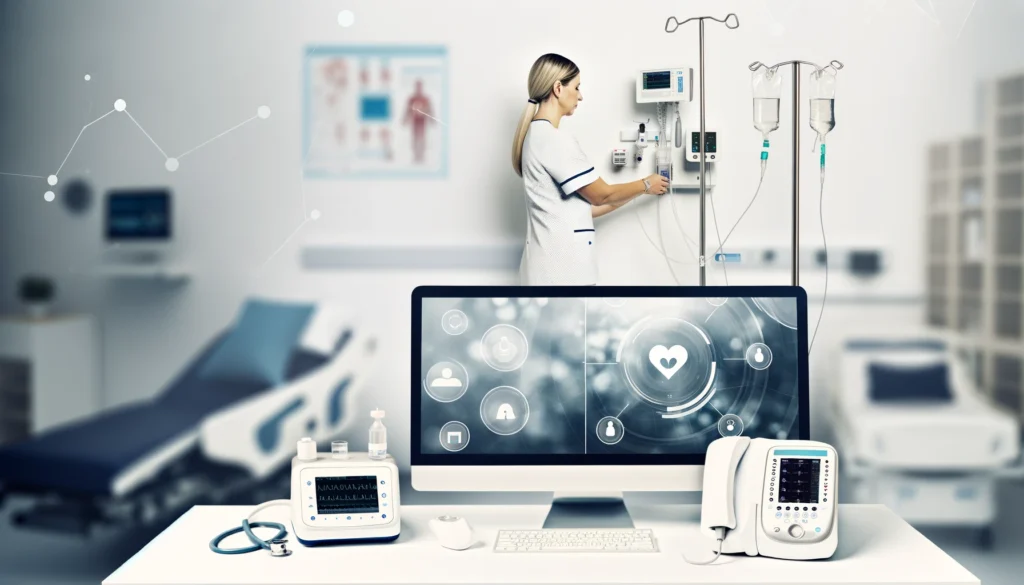 An image highlights the integration of technology and nursing practice, creating a professional and modern healthcare setting.