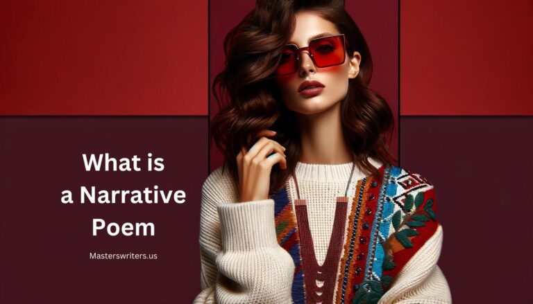 Stylish woman in red-tinted sunglasses against a maroon background, with the text 'What is a Narrative Poem' and the website 'Masterswriters.us.' The image represents modern artistic expression and is used as a header for discussing narrative poems.