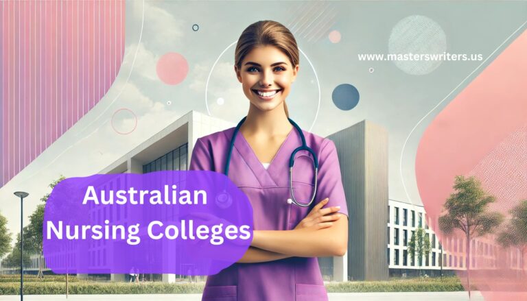 Smiling nurse in purple scrubs standing in front of a modern building, representing Australian Nursing Colleges.