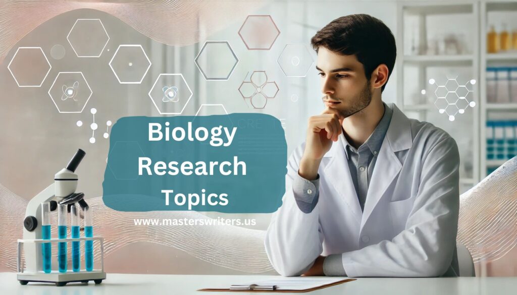 Researcher in a lab coat sitting at a desk with scientific elements in the background, representing biology research topics.