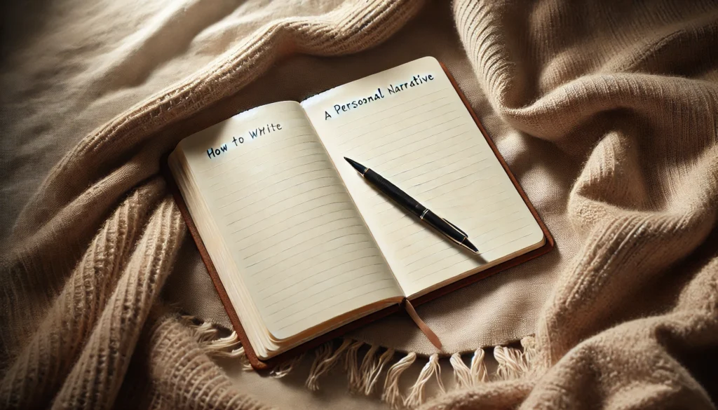 Cozy scene of an open notebook with a pen resting on it, placed on a soft fabric, creating a calm atmosphere. Perfect for an article on 'How to Write a Personal Narrative'