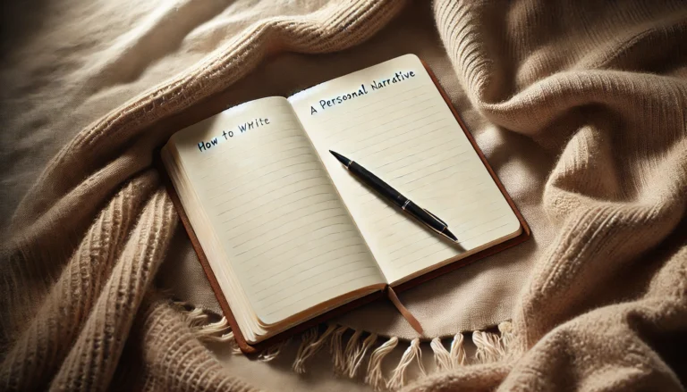 Cozy scene of an open notebook with a pen resting on it, placed on a soft fabric, creating a calm atmosphere. Perfect for an article on 'How to Write a Personal Narrative'