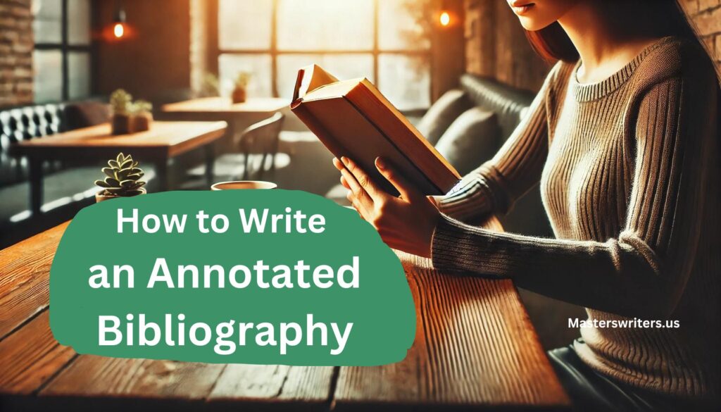 Person reading a book at a cozy wooden table in a café, with a notebook and phone nearby, creating a focused and peaceful atmosphere. Perfect visual representation for an article on writing an annotated bibliography.