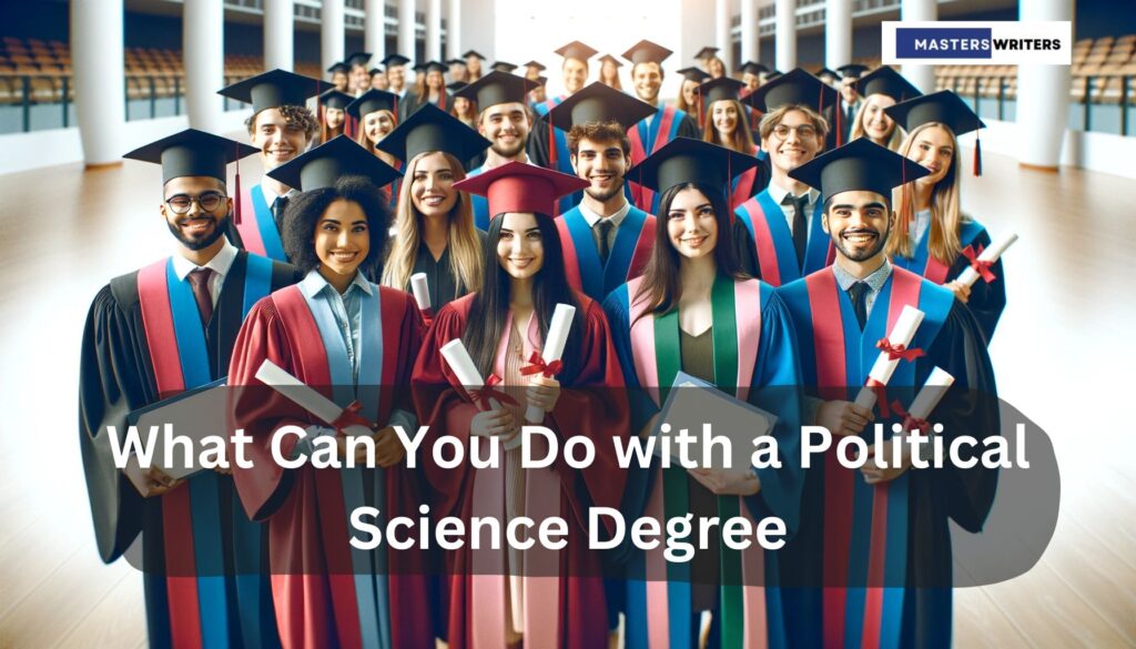 A group of diverse graduates in academic gowns and caps celebrating their achievements, representing the opportunities and career paths available with a political science degree. Perfect for illustrating what you can do with a political science degree.