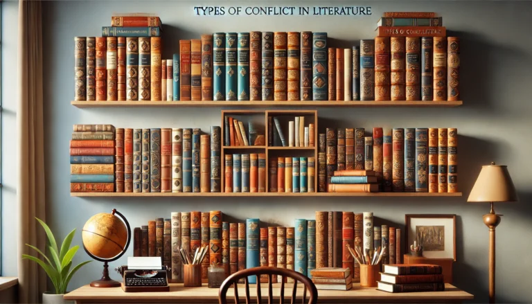 A bookshelf filled with classic and modern books, representing the diverse types of conflict in literature, ideal for exploring storytelling elements.