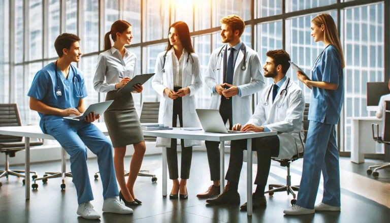 An image featuring healthcare professionals collaborating with a healthcare consultant in a modern office