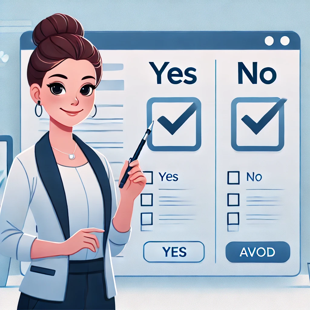 A cartoon-style illustration of a professional woman marking a checklist, symbolizing the process of finding the easiest colleges to get into and preparing a strong college essay.