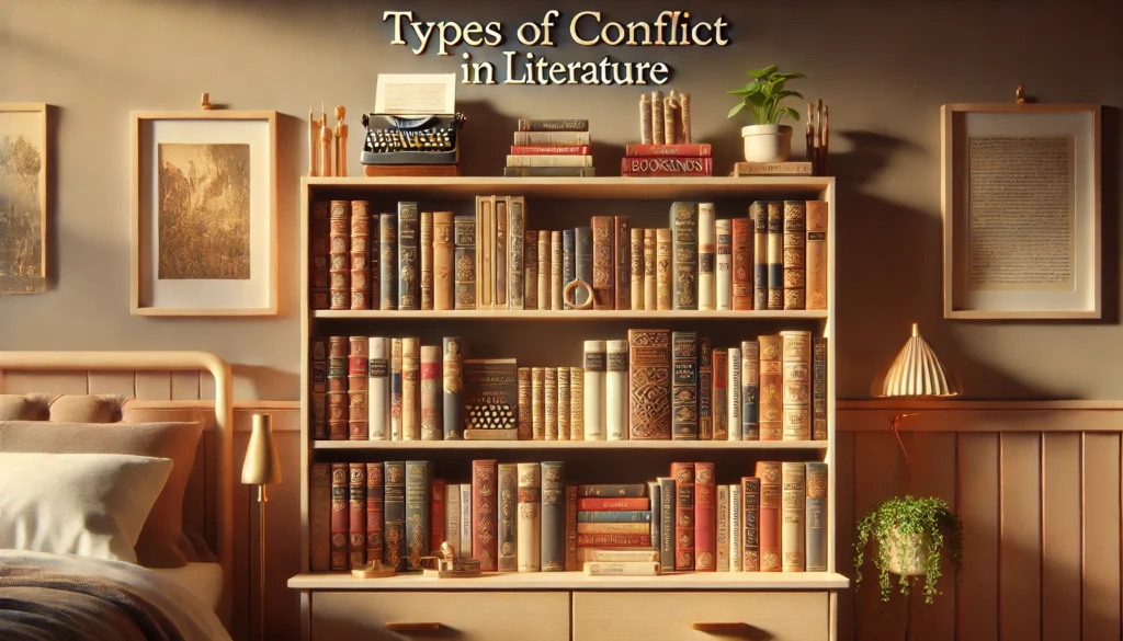 A bookshelf filled with classic and modern books, representing the diverse types of conflict in literature, ideal for exploring storytelling elements