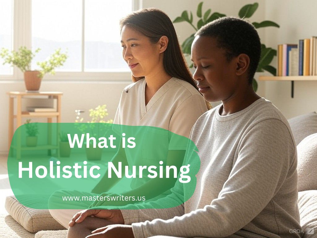 An illustration of two individuals engaged in a tranquil setting, with one likely being a holistic nurse and the other a patient, symbolizing the essence of holistic nursing care. The background includes calming elements like plants and a serene light, enhancing the atmosphere of mind, body, and spirit healing. The text "What is Holistic Nursing" is prominently displayed, inviting viewers to explore this comprehensive approach to health care.