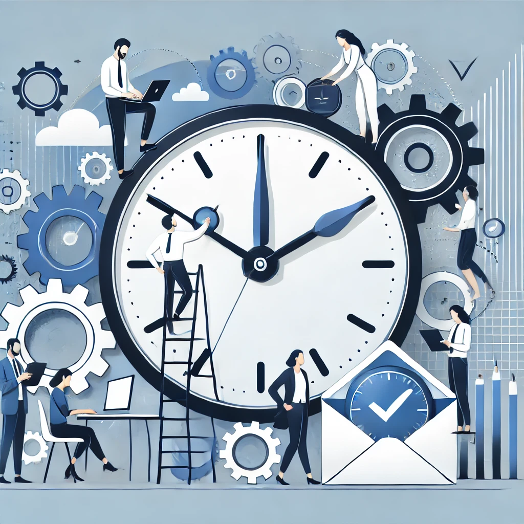 modern and minimalistic illustration featuring a Large clock with professionals working around it, symbolizing time management and productivity for coding beginners