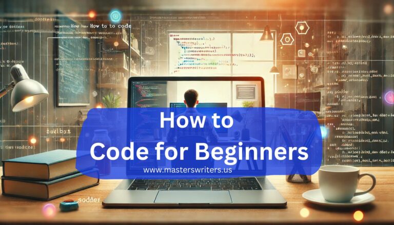 a header image designed for the article on "How to Code for Beginners" featuring a modern workspace with coding elements, creating an inviting and tech-focused atmosphere.