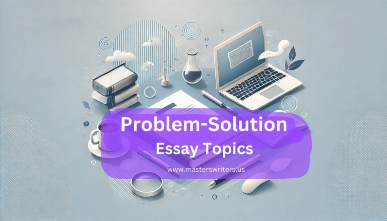 A professional header image for "Problem-Solution Essay Topics" featuring a notepad, pen, laptop, books, and a coffee cup, symbolizing academic writing and research. The text overlay highlights "Problem-Solution Essay Topics"