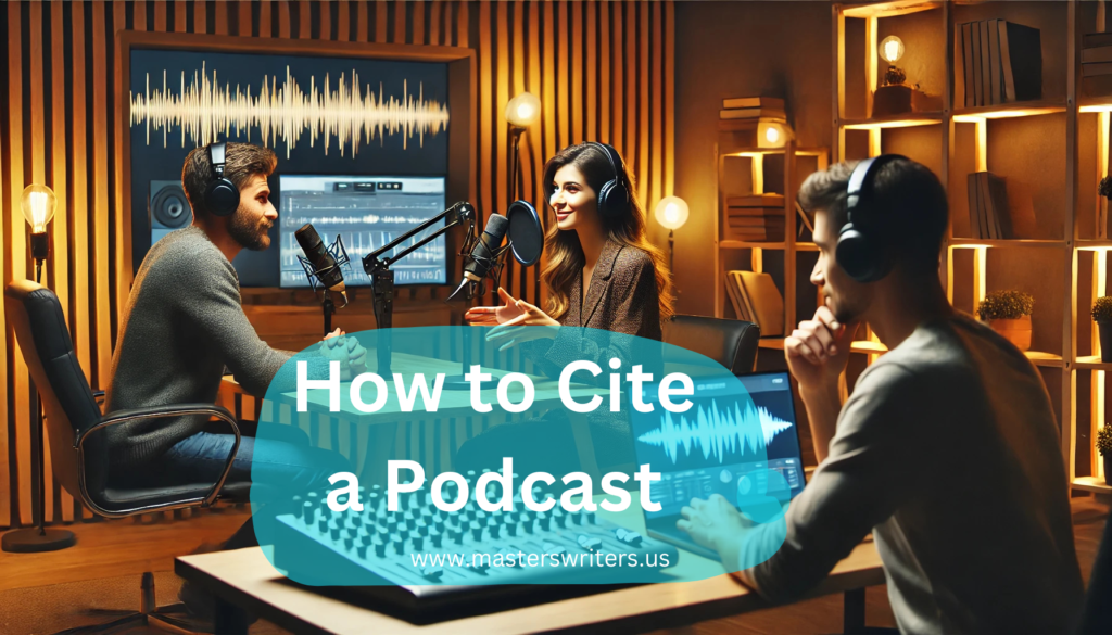 A professional podcast studio with three people engaged in a discussion, using microphones and headphones. A laptop displays audio editing software, emphasizing the importance of accurate referencing. Learn how to cite a podcast with proper citation guidelines.